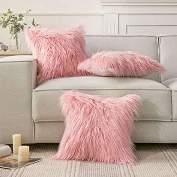 Phantoscope Faux Fur Solid Decorative Pillow Cover Fluffy Throw Pillow Mongolian Luxury Fuzzy Pillow Case Cushion Cover for Bedroom and Couch, Pink 22 x 22 Inches, Pack of 1