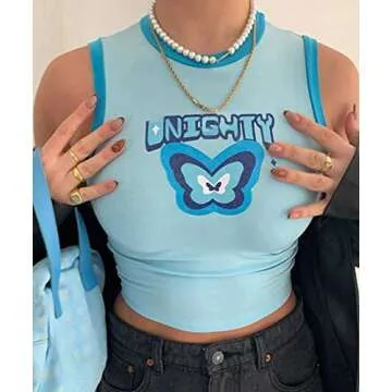 SAFRISIOR Women's Butterflies Letter Print Sleeveless Crop Tank Top Colorblock Streetwear Crop Vest Multicolor