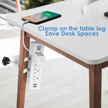 4 Outlet Desk Clamp Power Strip with 4 USB Ports,Clamp on Desk Power Station 6ft Cord,Fits 1.7" Tabletop Edge