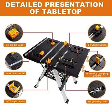 WORKESS Portable Workbench & Sawhorse, 440Lbs/1000Lbs Capacity Heavy Duty Folding Work Table, 21.5"-32.5" Adjustable Height with Clamping System, 2 x 4 Support Arms, Tool Tray for Garage