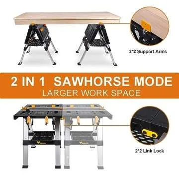 WORKESS Portable Workbench & Sawhorse, 440Lbs/1000Lbs Capacity Heavy Duty Folding Work Table, 21.5"-32.5" Adjustable Height with Clamping System, 2 x 4 Support Arms, Tool Tray for Garage