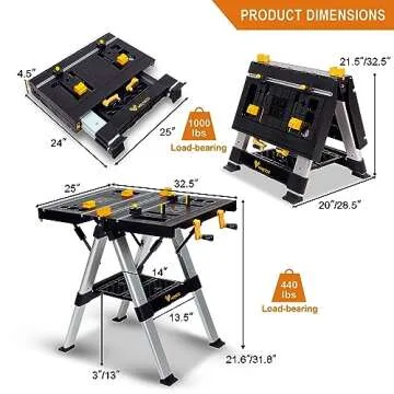 WORKESS Portable Workbench & Sawhorse, 440Lbs/1000Lbs Capacity Heavy Duty Folding Work Table, 21.5"-32.5" Adjustable Height with Clamping System, 2 x 4 Support Arms, Tool Tray for Garage