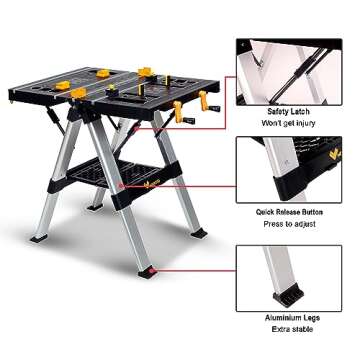 WORKESS Portable Workbench & Sawhorse, 440Lbs/1000Lbs Capacity Heavy Duty Folding Work Table, 21.5"-32.5" Adjustable Height with Clamping System, 2 x 4 Support Arms, Tool Tray for Garage