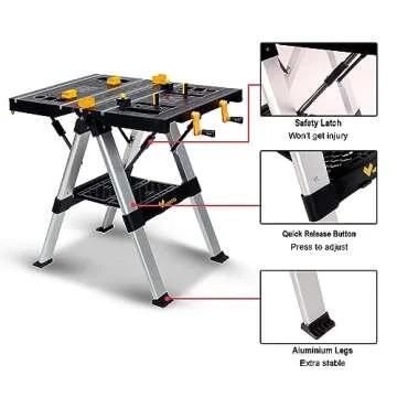 WORKESS Portable Workbench & Sawhorse, 440Lbs/1000Lbs Capacity Heavy Duty Folding Work Table, 21.5"-32.5" Adjustable Height with Clamping System, 2 x 4 Support Arms, Tool Tray for Garage