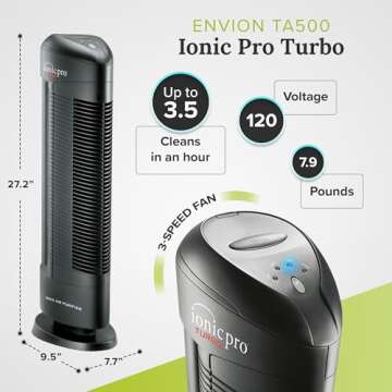 ENVION Home Air Purifier, TA500 Ionic Turbo Pro Filterless Room Purifier, Black