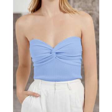 MISSACTIVER Women’s Sexy Twist Front Knitted TubeTop Strapless Solid Ruched Rib-Knit Crop Top Tank Top Baby Blue