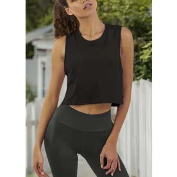 Mippo Athletic Crop Tops Loose Workout Shirts Cropped Tank Muscle Shirt Dance Running Tops Work Out Tops for Women Black M