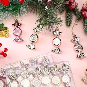 Vicenpal Pink and Gold Christmas Ornaments Rose Gold Christmas Candy Ornament Hanging Ornament for Xmas Tree Glitter Candy Ornaments for Home Christmas Party Decor(24 Pcs,Cute Style)