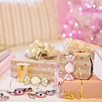 Vicenpal Pink and Gold Christmas Ornaments Rose Gold Christmas Candy Ornament Hanging Ornament for Xmas Tree Glitter Candy Ornaments for Home Christmas Party Decor(24 Pcs,Cute Style)
