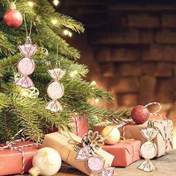 Vicenpal Pink and Gold Christmas Ornaments Rose Gold Christmas Candy Ornament Hanging Ornament for Xmas Tree Glitter Candy Ornaments for Home Christmas Party Decor(24 Pcs,Cute Style)