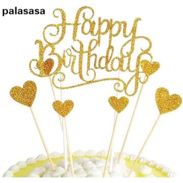 PALASASA Happy Birthday Cake Toppers Gold glitter letters"happy birthday"and love star,Party decor D...