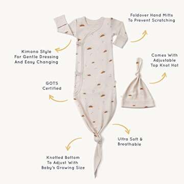 MakeMake Organics GOTS Organic Cotton Kimono Knotted Blanket Tie Sack Swaddle Hat Set Mittens Baby Boys Girls (Sunshine, Newborn)