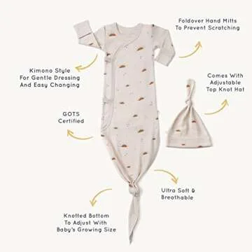 MakeMake Organics GOTS Organic Cotton Kimono Knotted Blanket Tie Sack Swaddle Hat Set Mittens Baby Boys Girls (Sunshine, Newborn)