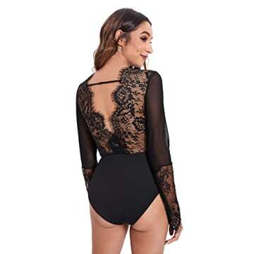SweatyRocks Women's Sexy Lace V Neck Clubwear Top Sheer Mesh Long Sleeve Bodysuit