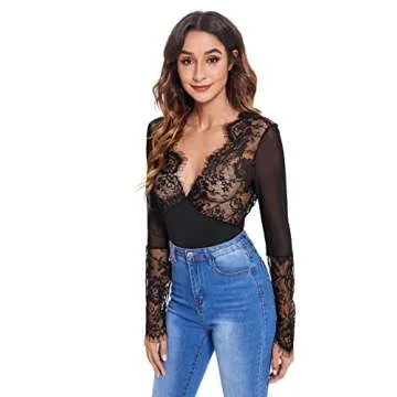 SweatyRocks Women's Sexy Lace V Neck Clubwear Top Sheer Mesh Long Sleeve Bodysuit