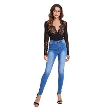 SweatyRocks Women's Sexy Lace V Neck Clubwear Top Sheer Mesh Long Sleeve Bodysuit