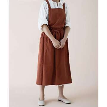 VLZUFE Women Cotton Linen Cross Back Apron with Pockets for Gardening Works Pinafore Dress