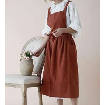 VLZUFE Women Cotton Linen Cross Back Apron with Pockets for Gardening Works Pinafore Dress