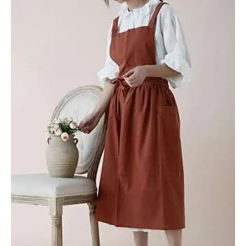 VLZUFE Women Cotton Linen Cross Back Apron with Pockets for Gardening Works Pinafore Dress