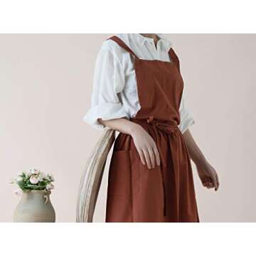 VLZUFE Women Cotton Linen Cross Back Apron with Pockets for Gardening Works Pinafore Dress