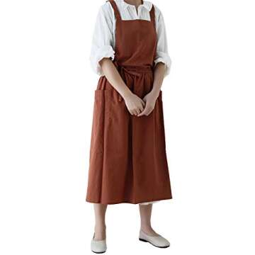 VLZUFE Women Cotton Linen Cross Back Apron with Pockets for Gardening Works Pinafore Dress