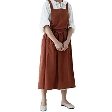 VLZUFE Women Cotton Linen Cross Back Apron with Pockets for Gardening Works Pinafore Dress