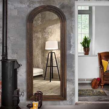 Trvone Arched Full Length Mirror Solid Wood Frame Mirror Floor Mirror with Back Hooks Vertically Hanging Wall Mirror Dressing Mirror for Bedroom Living Room (65"x22", Charcoal Baked)