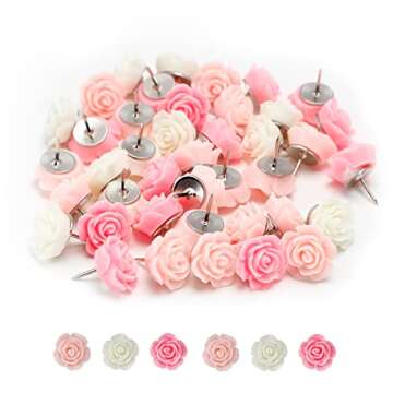 40Pcs Rose Theme Push Pins Rose Thumb Tacks Decorative Flower Cork Board Tacks for Bulletin Board, P...