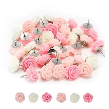 40Pcs Rose Theme Push Pins Rose Thumb Tacks Decorative Flower Cork Board Tacks for Bulletin Board, P...