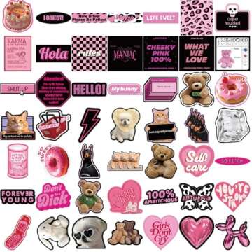 Y2K Stickers for Girls, Black Pink Stickers Pack 55pcs, Cool Trendy Stickers for Water Bottle, Water...