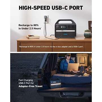 Anker 535 Portable Power Station, 512Wh Solar Generator (Solar Panel Optional) with LiFePO4 Battery Pack, 500W 9-Port Powerhouse, 4 AC Outlets, 60W USB-C PD Output, LED Light for Outdoor Camping, RV