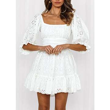 PRETTYGARDEN Women's Summer Mini Floral Babydoll Dress Short Puff Sleeve Square Neck Empire Waist Ruffle A Line Dresses (White,Large)