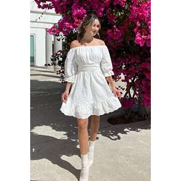 PRETTYGARDEN Women's Summer Mini Floral Babydoll Dress Short Puff Sleeve Square Neck Empire Waist Ruffle A Line Dresses (White,Large)