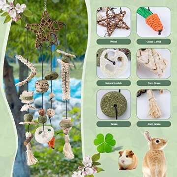 ZALALOVA Bunny Rabbits Chew Toys, Bunny Chew Cage Hanging Toys with Treats for Small Animals Teeth Grinding Care Five-Star Shape Treats Rattan and Balls Pet Snacks