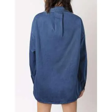 Astylish Women's Button Down Denim Shirt Casual V Neck Long Sleeve Classic Blouse Relaxed Fit Chambray Shirt Navy Blue Medium