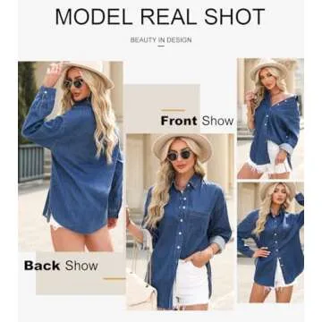 Astylish Women's Button Down Denim Shirt Casual V Neck Long Sleeve Classic Blouse Relaxed Fit Chambray Shirt Navy Blue Medium