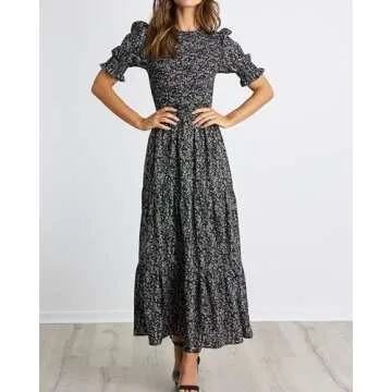 BTFBM Women Casual Summer Dresses 2024 Spring Crew Neck Ruffle Short Sleeve Floral Print Smocked Boho Flowy Maxi Dress(Floral Black White, Medium)
