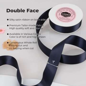 VATIN Double Face Deep Navy Blue Satin Ribbon 1" Continuous 25 Yards,Navy Blue Polyester Fabric Ribb...