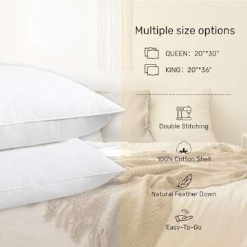 puredown White Goose Feathers Down Pillows, Hotel Bed Pillows Standard/Queen Size Set of 2, Soft Pillows for Sleeping with 100% Cotton Cover