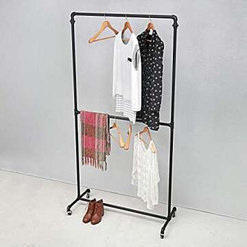 Industrial Pipe Clothing Racks on Wheels Double Hanging Rod Metal Clothing Rack,Heavy Duty Commercia...