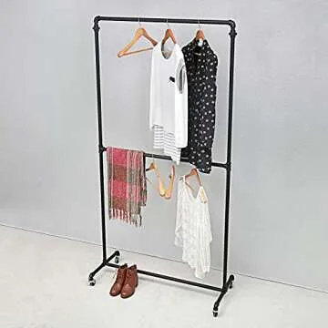 Industrial Pipe Clothing Racks on Wheels Double Hanging Rod Metal Clothing Rack,Heavy Duty Commercia...