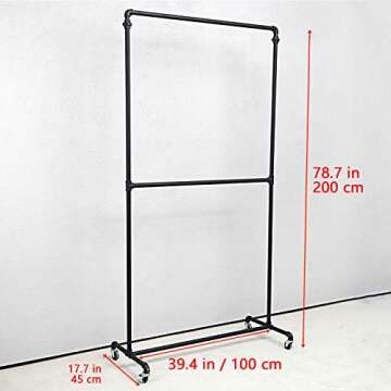 Industrial Pipe Clothing Racks on Wheels Double Hanging Rod Metal Clothing Rack,Heavy Duty Commercial Display Garment Rack,Vintage Retail Rack Hanging Weight Rack, Metal Ballet Rolling Racks,Black