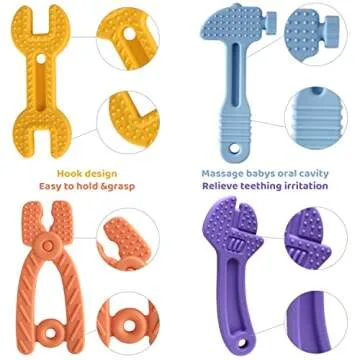 Yinghezu 4 Pack Chew Baby Teething Toys for 0-12 Months, Freezable BPA Free Silicone Baby Molar Teether Chew Toys, Hammer Wrench Spanner Pliers Shape Baby Girl's Boy Car Seat Toy