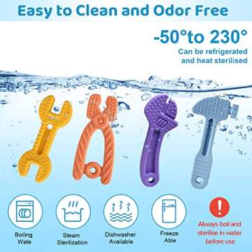 Yinghezu 4 Pack Chew Baby Teething Toys for 0-12 Months, Freezable BPA Free Silicone Baby Molar Teether Chew Toys, Hammer Wrench Spanner Pliers Shape Baby Girl's Boy Car Seat Toy