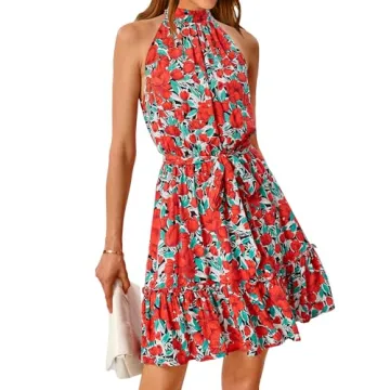 BTFBM Women 2025 Halter Neck Summer Dresses Casual Sleeveless Floral Polka Dot Print Ruffle Mini Boh...