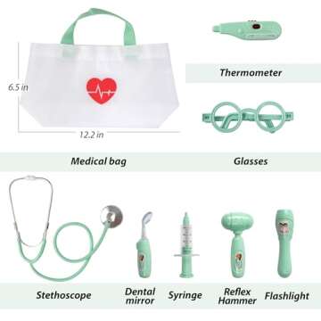 Phobby Kids Doctor Kit, 8 Pieces Kids Doctor Playset with Medical Storage Bag & Real Stethoscope, Pretend Play Doctor Toys for Toddler Boys Girls Aged 3 4 5 6 (Green)