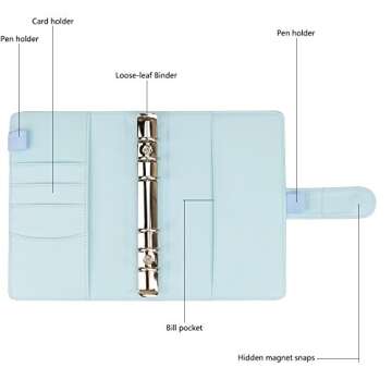 A6 PU Leather Notebook Binder,Refillable 6 Round Ring Binder Cover for A6 Filler Paper,Macaron Notebook Personal Planner Binder with Magnetic Buckle,Mint Blue
