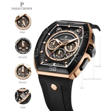 Paras Crown Men's Tonneau Waterproof Quartz Chronograph Watch