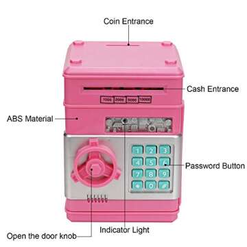 Adevena Electronic Piggy Bank, Mini ATM Password Money Bank Cash Coins Saving Box for Kids, Cartoon Safe Bank Box Perfect Toy Gifts for Boys Girls (Pink)