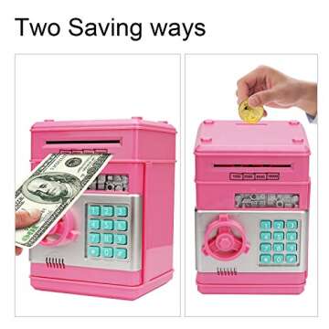 Adevena Electronic Piggy Bank, Mini ATM Password Money Bank Cash Coins Saving Box for Kids, Cartoon Safe Bank Box Perfect Toy Gifts for Boys Girls (Pink)